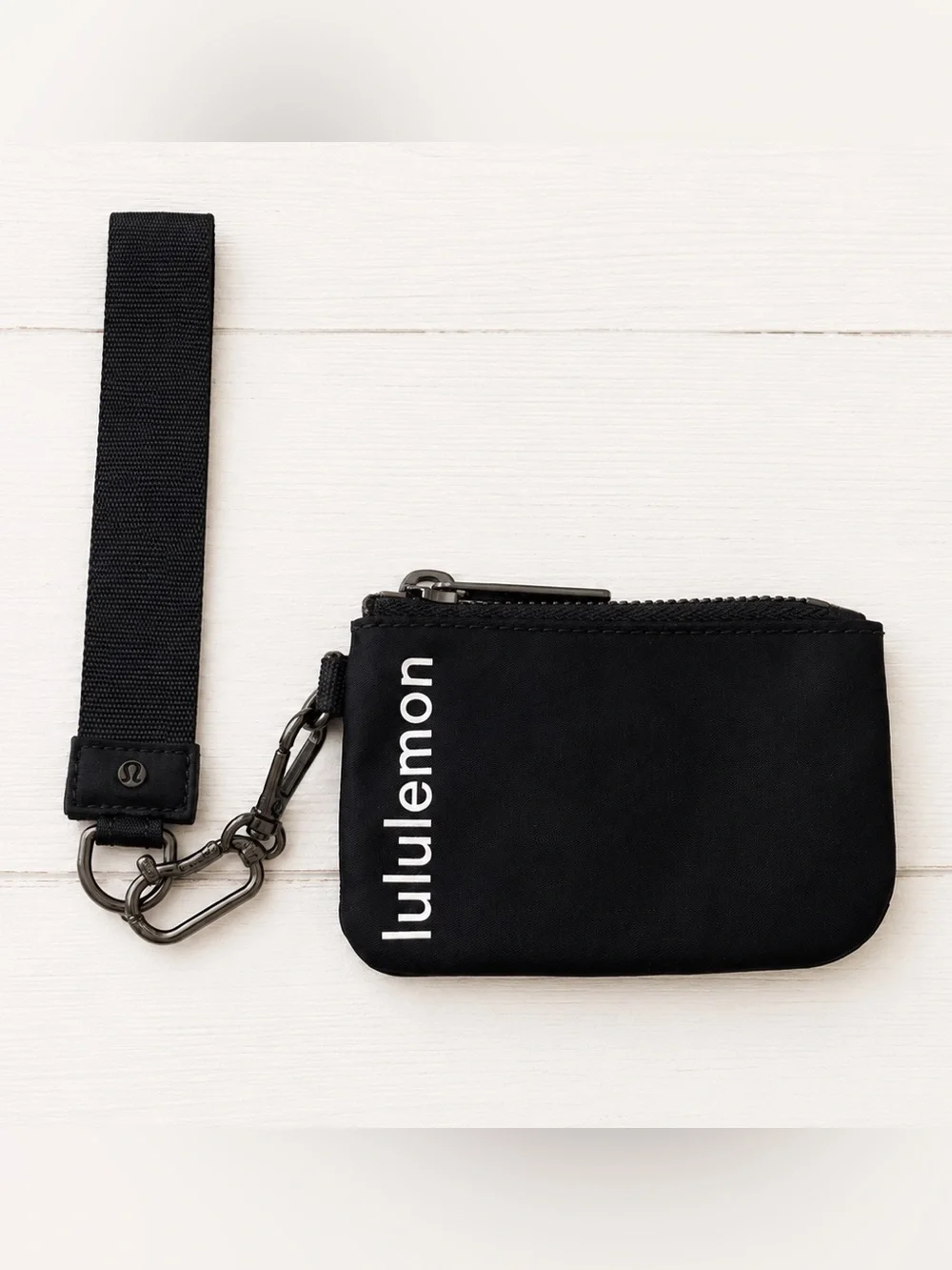 Lululemon Black Single Pouch Wristlet Keychain Clip White Logo Black Hardware